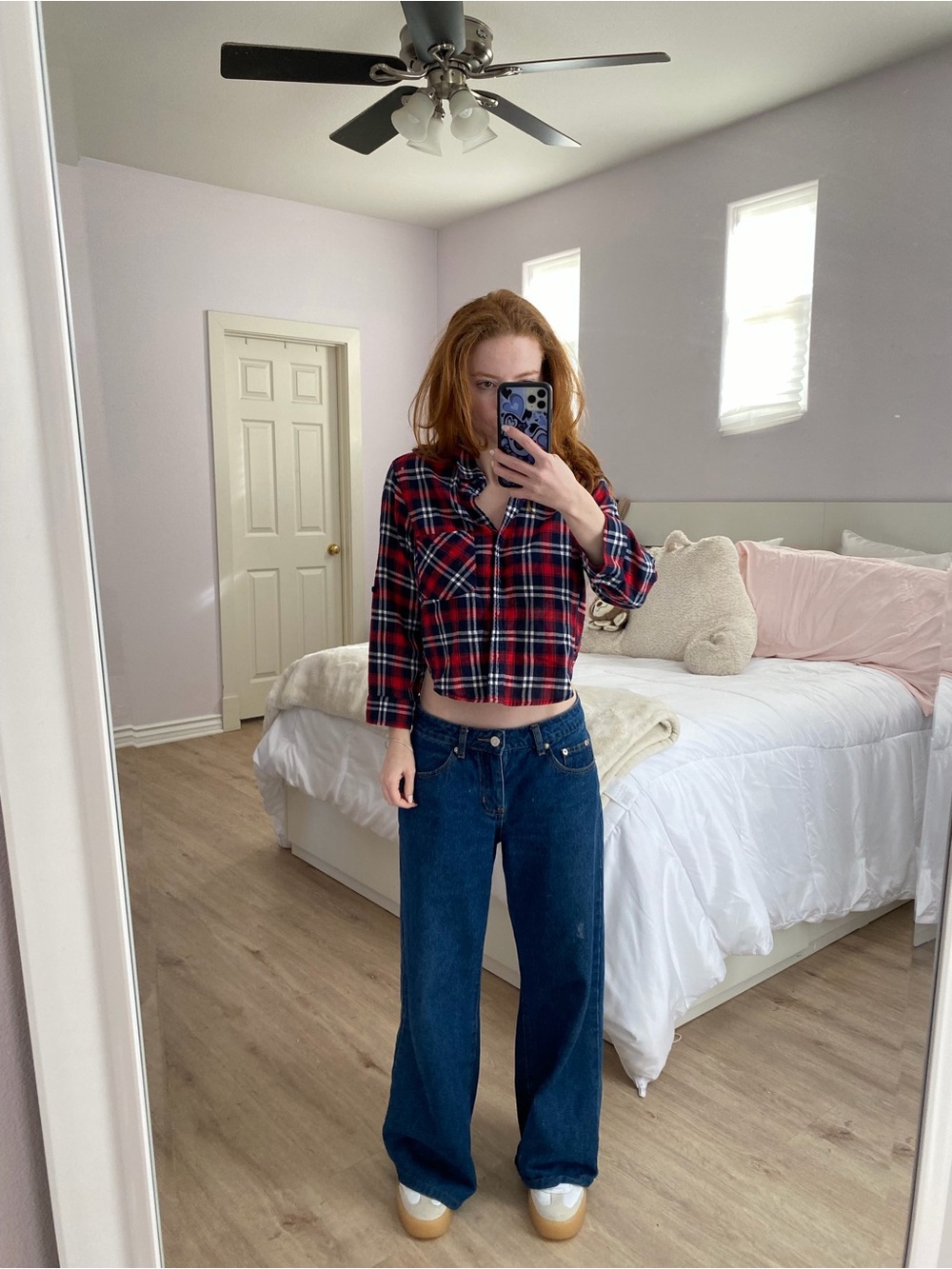 Cropped Red & Navy Plaid Button-Up Shirt